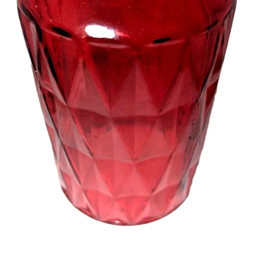 Boutique Diamond Vase Ruby Red Color Glass Jar Geometric Pattern 7 x 4-inch Gift
